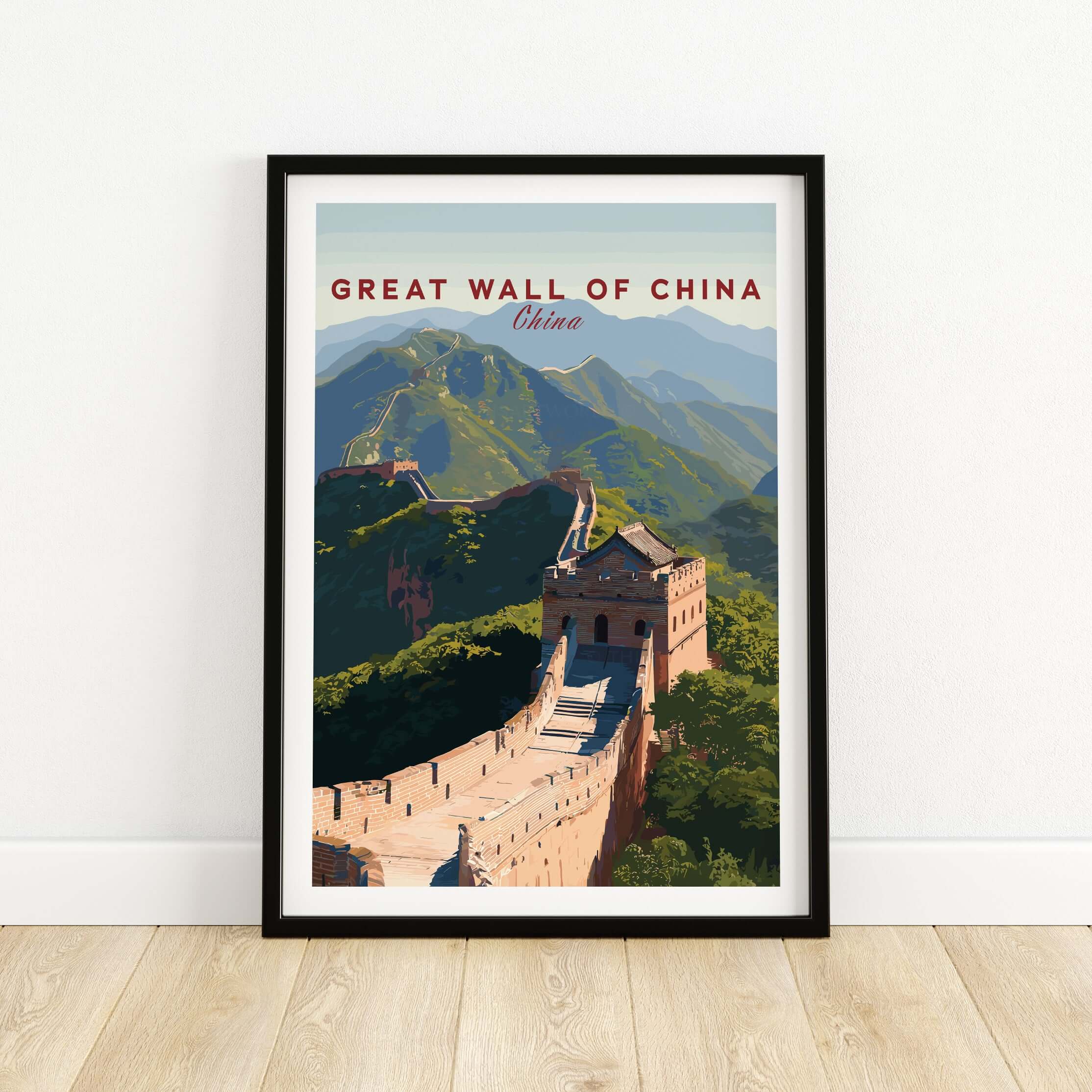 The Great Wall of China Art Print - Scenic Landscape Travel Poster showcasing the iconic structure in stunning detail.