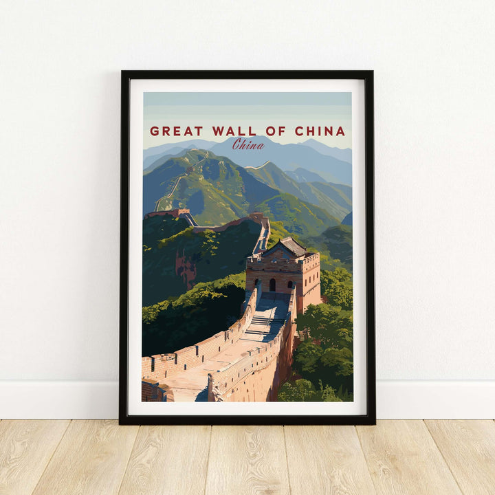 Great Wall of China art print framed, showcasing scenic landscape and iconic historical architecture.