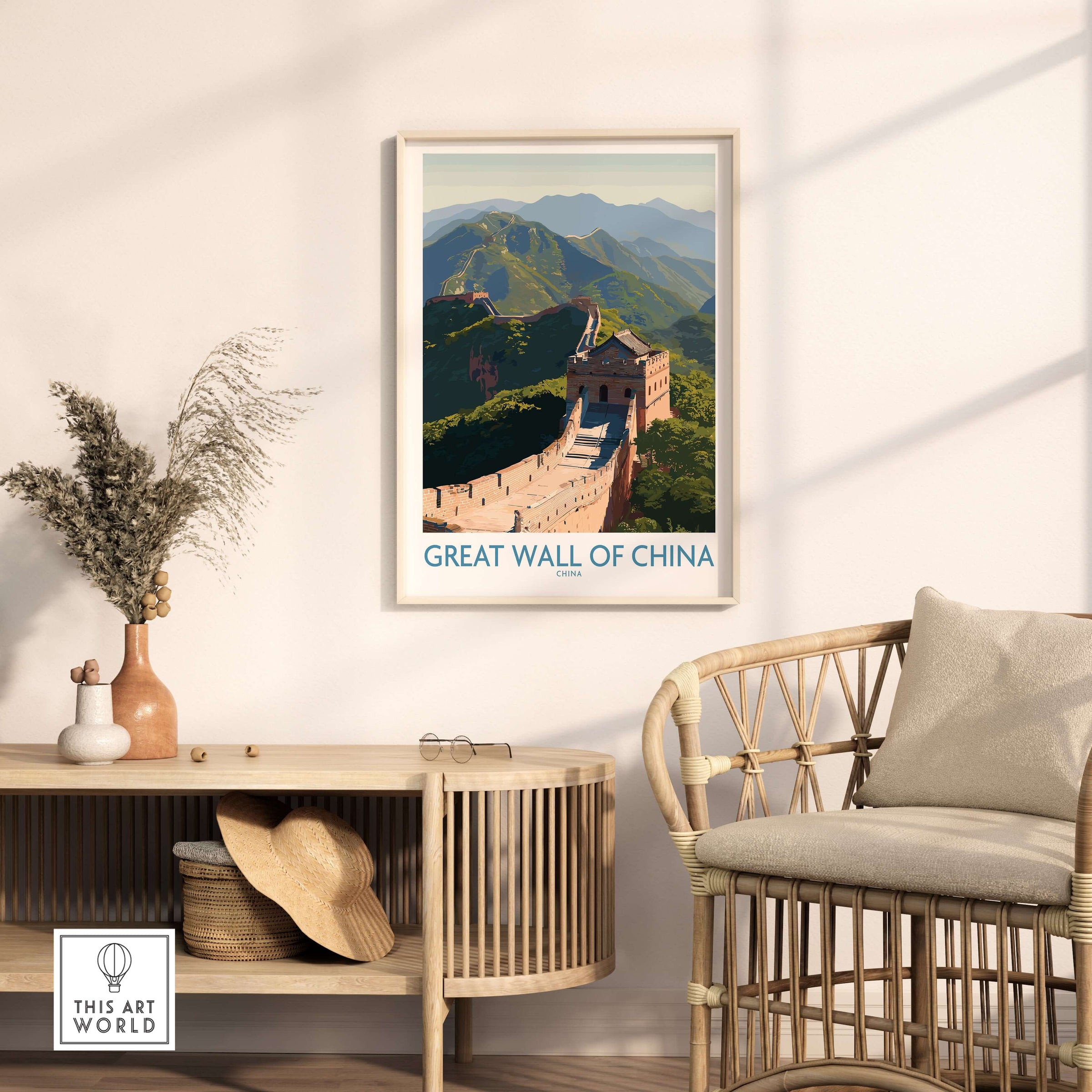 The Great Wall of China Historic Landmark Print - Ancient Wonder Wall Art displayed in a cozy living room setting.