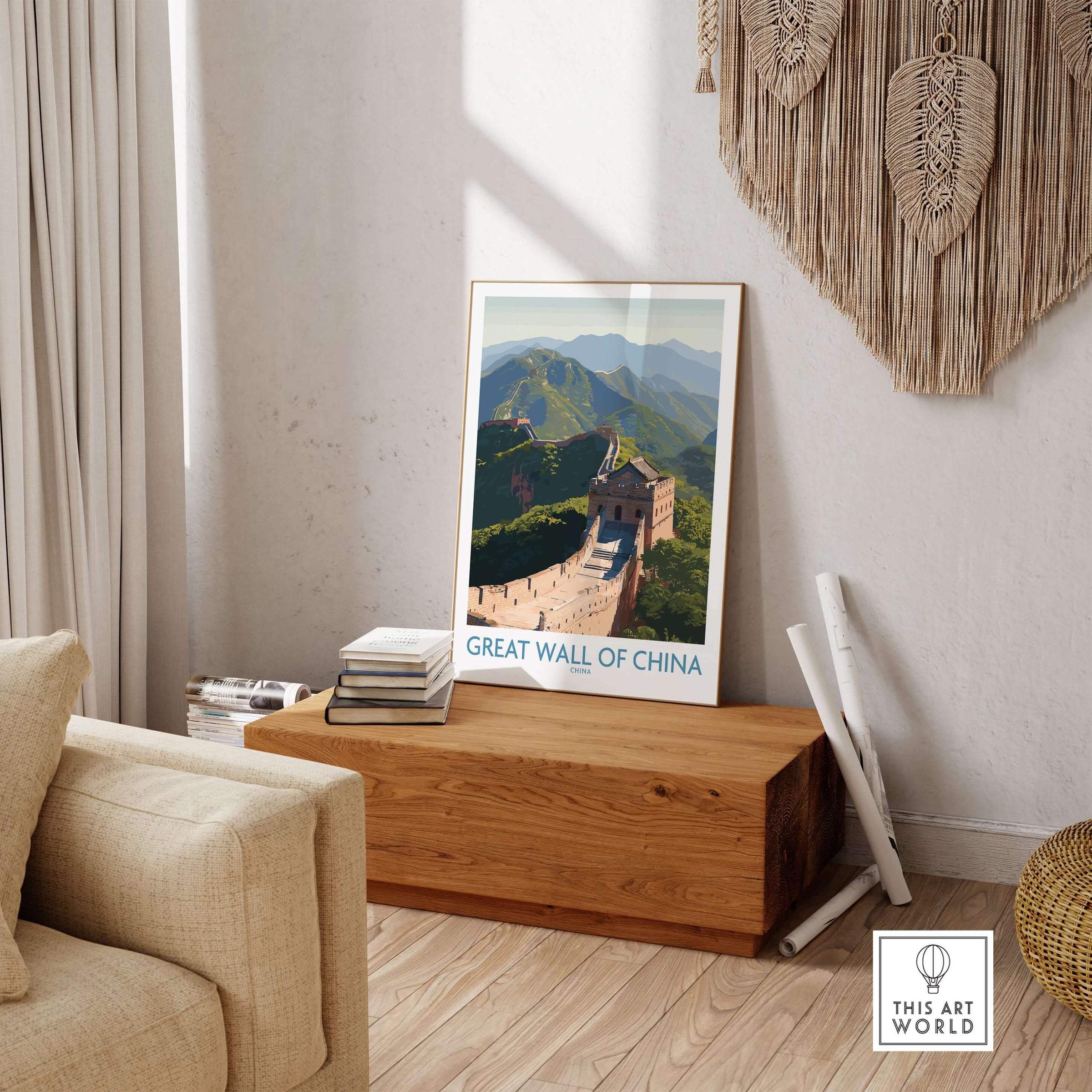 The Great Wall of China Historic Landmark Print - Ancient Wonder Wall Art displayed in a cozy living room setting.