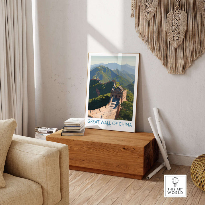 Framed print of the Great Wall of China in a modern living room, showcasing its beauty and historic significance.