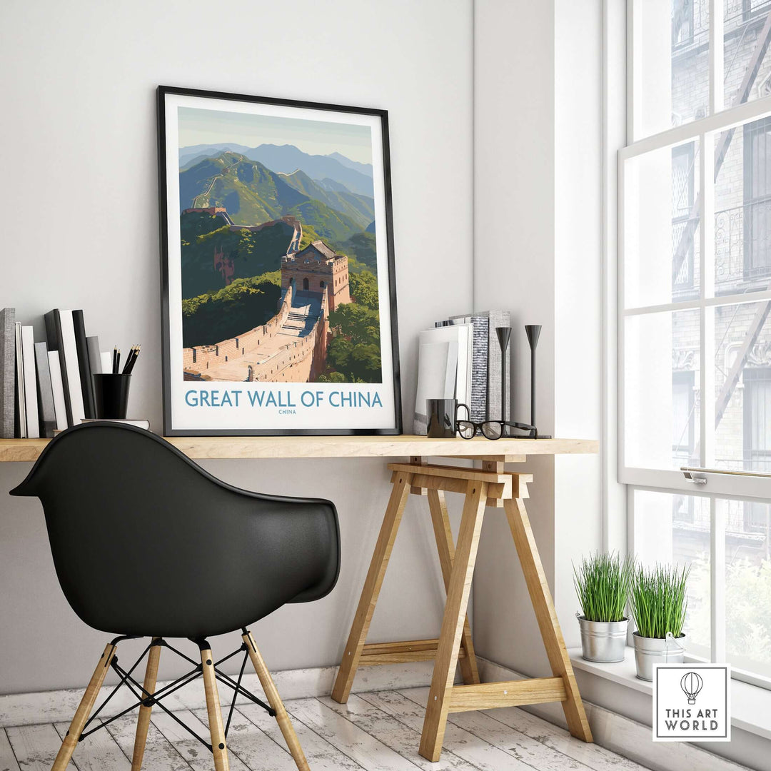 Great Wall of China art print displayed in a modern workspace, showcasing its breathtaking beauty and historic significance.