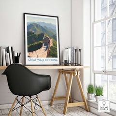 The Great Wall of China Historic Landmark Print - Ancient Wonder Wall Art displayed in a modern home office setting.