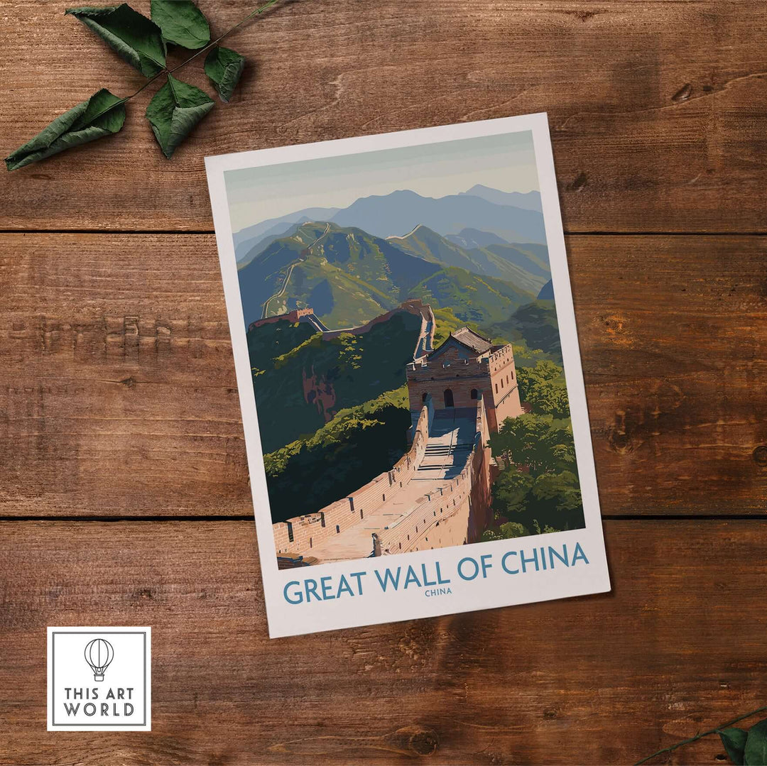 Great Wall of China print showcasing ancient architecture and dramatic mountain landscapes, perfect for wall art.