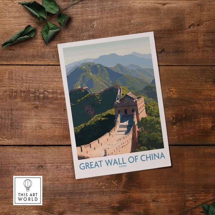 Great Wall of China print showcasing ancient architecture and dramatic mountain landscapes, perfect for wall art.