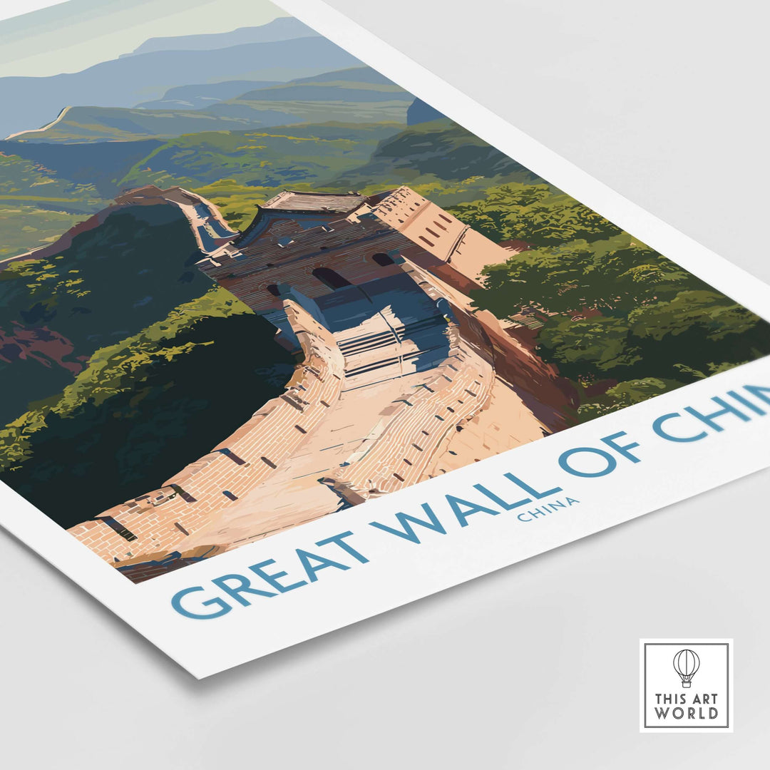 Great Wall of China art print showcasing the ancient structure amidst scenic mountain landscapes.
