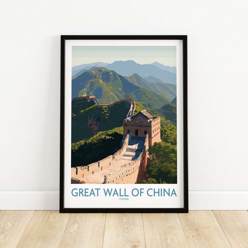 Great Wall of China print showcasing its ancient beauty against mountain landscapes, perfect for wall art lovers.