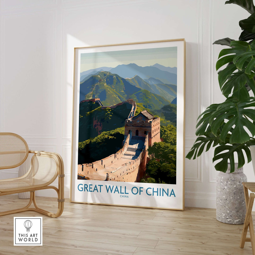 Great Wall of China print showcasing ancient beauty against a mountain backdrop in a stylish home setting.