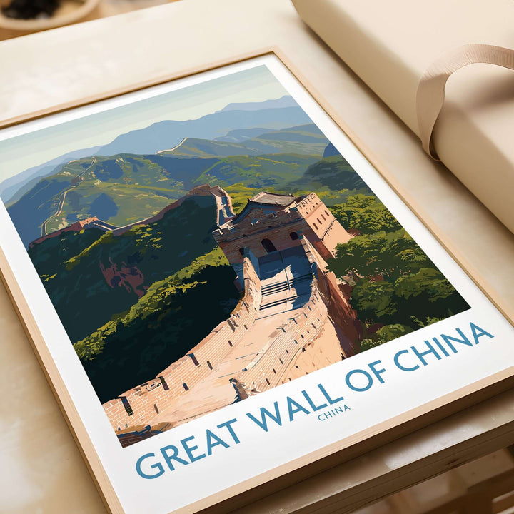 Great Wall of China print showcasing the historic landmark's beauty and scale amidst mountain landscapes.