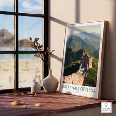 The Great Wall of China Historic Landmark Print - Ancient Wonder Wall Art displayed in a bright room with a scenic view.
