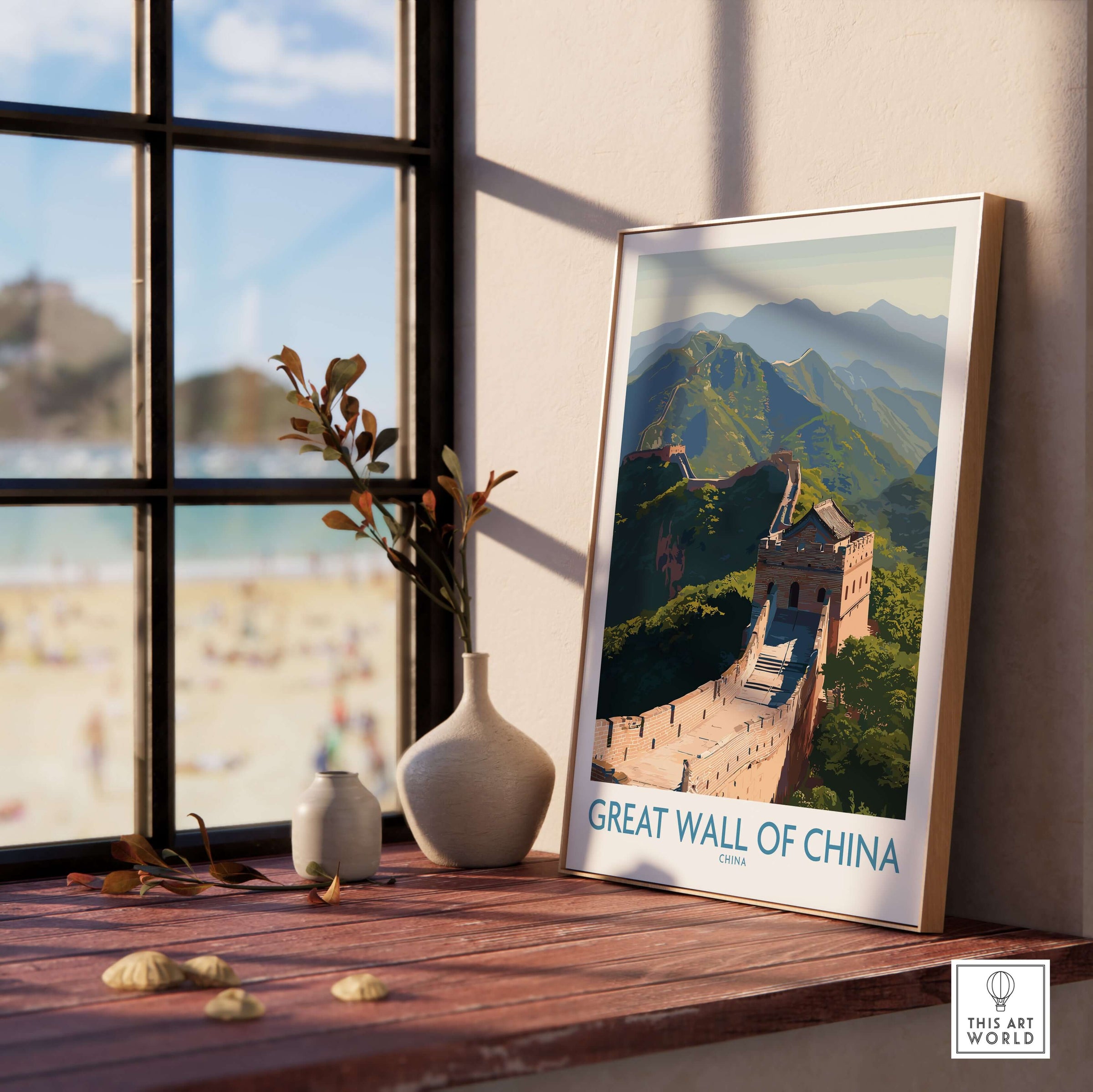 The Great Wall of China Historic Landmark Print - Ancient Wonder Wall Art displayed in a bright room with a scenic view.