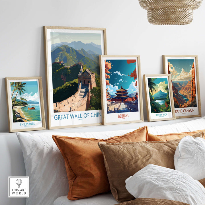 Framed prints of the Great Wall of China, Beijing, and landscapes showcasing world wonders on a stylish couch.