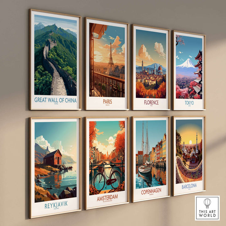Gallery of iconic travel posters featuring the Great Wall of China, Paris, Florence, Tokyo, and more.