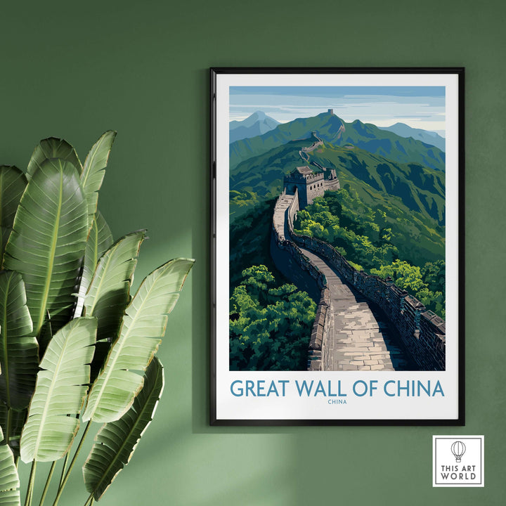Great Wall of China Mountain Vista Poster showcasing a stunning landscape of the iconic monument winding through mountains.