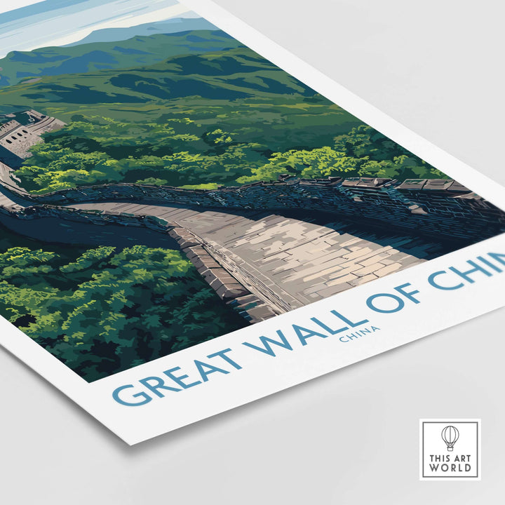 Great Wall of China Mountain Vista Poster showcasing iconic landscape art amidst lush green mountains.