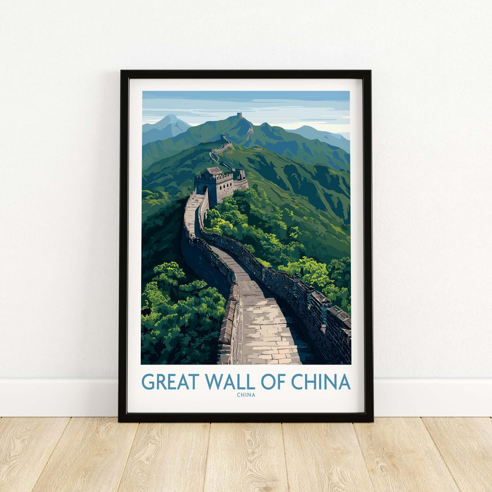 Framed poster of the Great Wall of China winding through lush mountains, showcasing iconic Chinese landscape art.