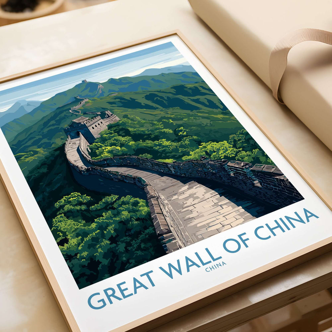 Stunning Great Wall of China poster showcasing the iconic monument winding through lush mountain scenery.