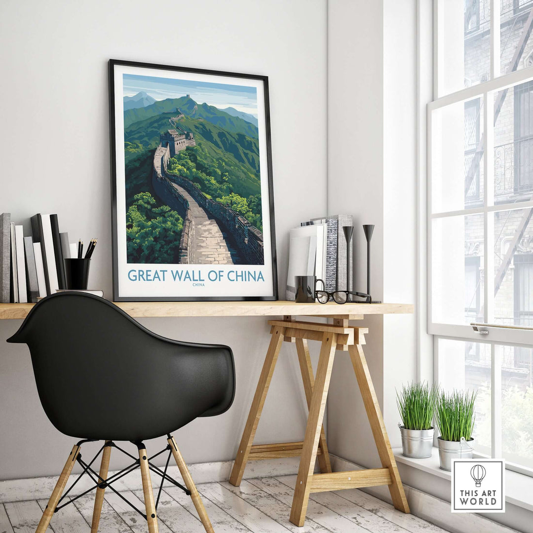 Framed Great Wall of China mountain vista poster above modern desk in bright interior design.