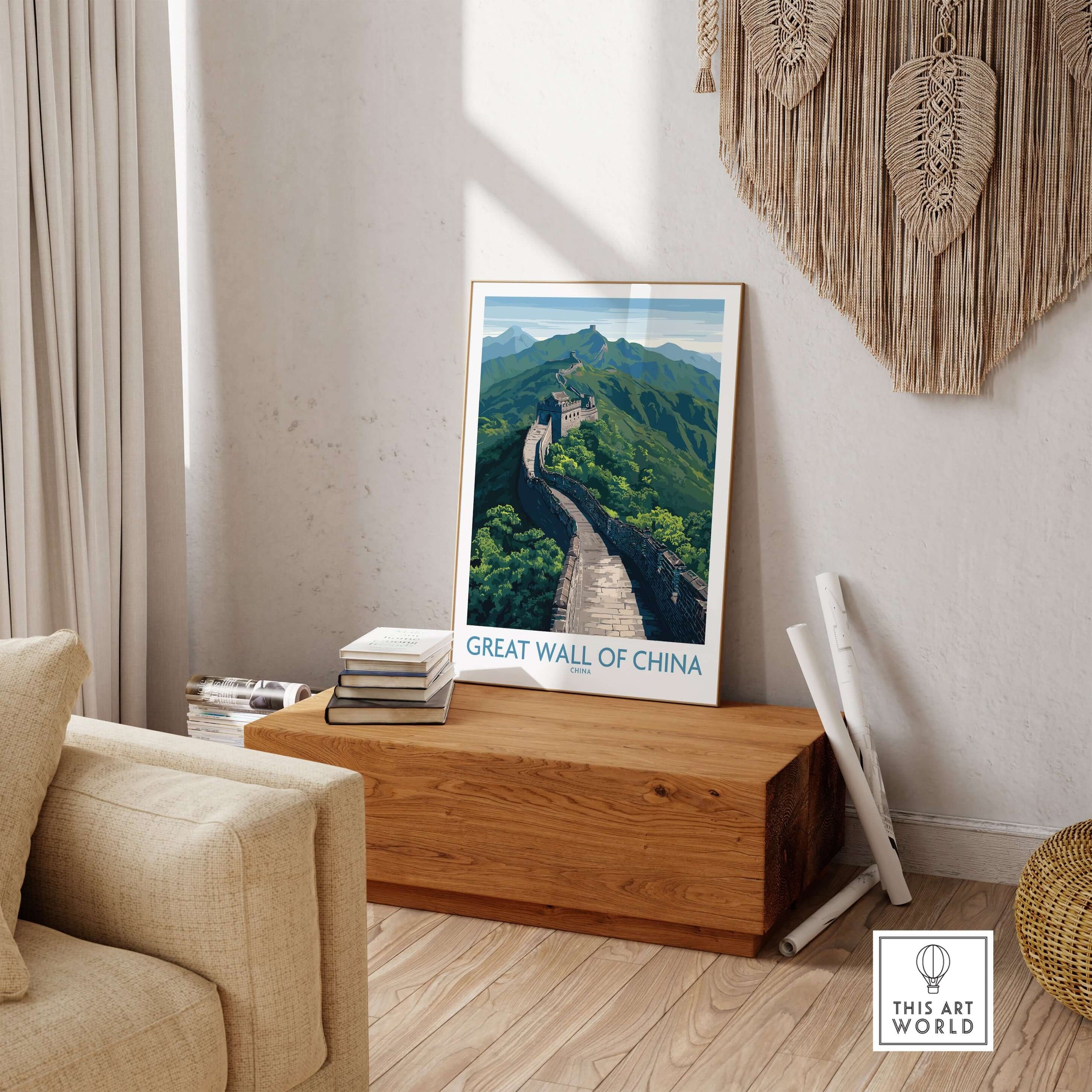Great Wall of China Mountain Vista Poster - Iconic Chinese Landscape Art displayed in a modern living room setting.