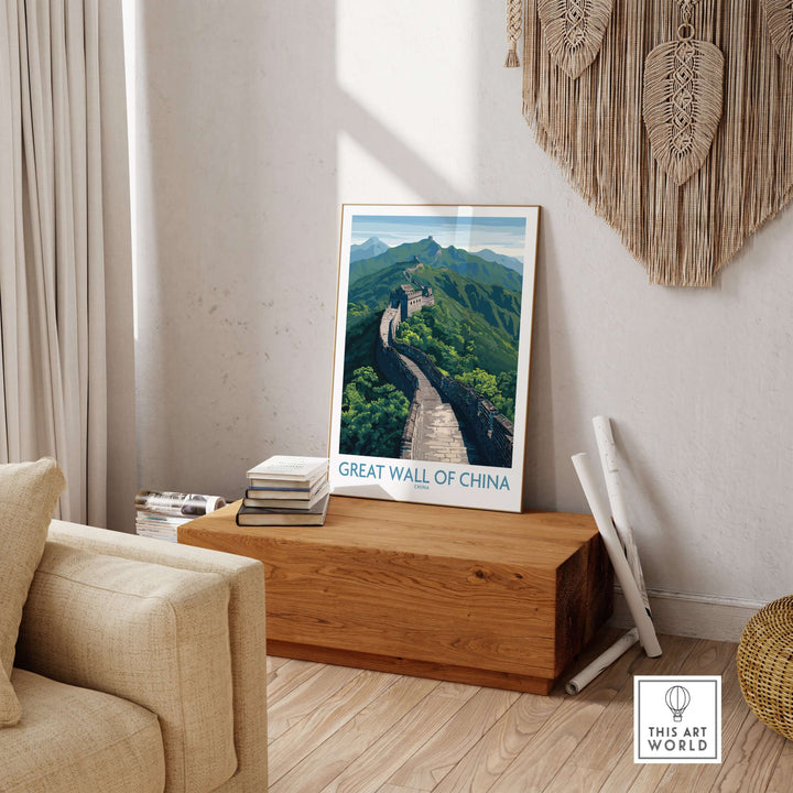 Great Wall of China Mountain Vista Poster displayed in a cozy room, showcasing iconic landscape art.