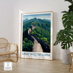 Great Wall of China Mountain Vista Poster - Iconic Chinese Landscape Art showcasing the stunning Great Wall in green mountains.