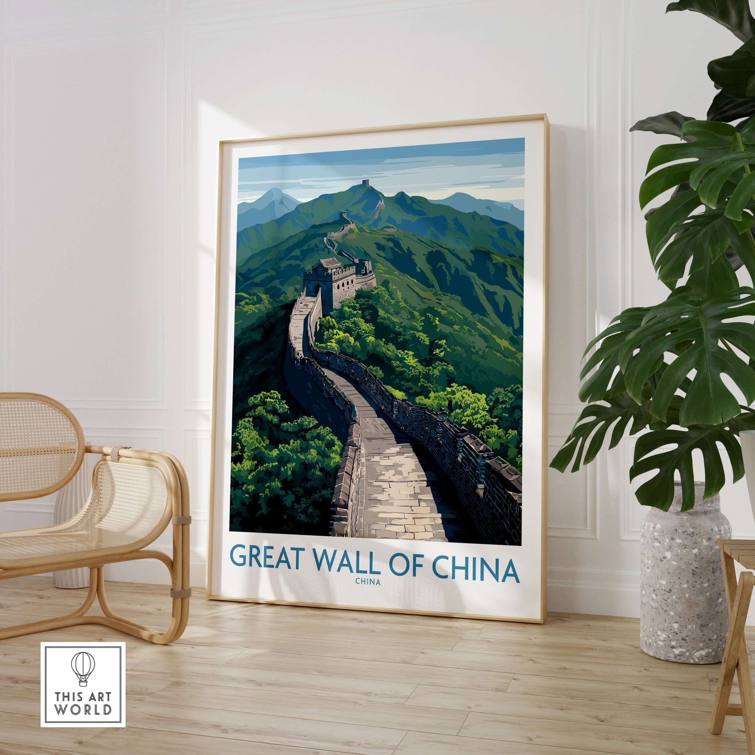 Great Wall of China Mountain Vista Poster - Iconic Chinese Landscape Art showcasing the stunning Great Wall in green mountains.