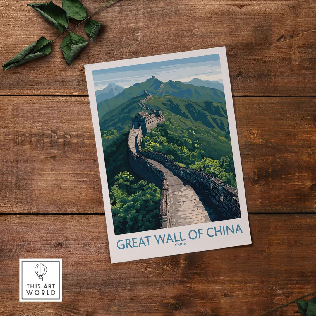 Great Wall of China Mountain Vista Poster on wooden background, showcasing iconic landscape art.