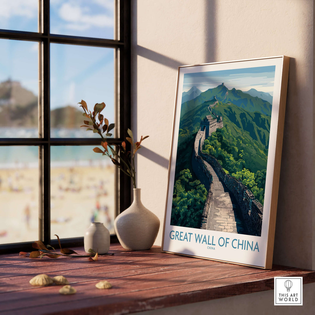Great Wall of China poster displayed in a sunlit room, highlighting the iconic landscape with mountains in the background.