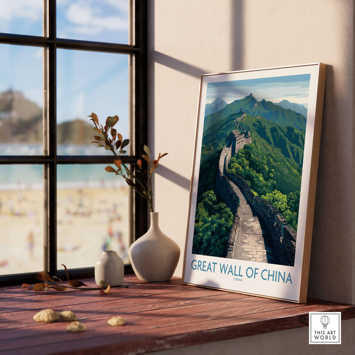 Great Wall of China poster displayed in a sunlit room, highlighting the iconic landscape with mountains in the background.