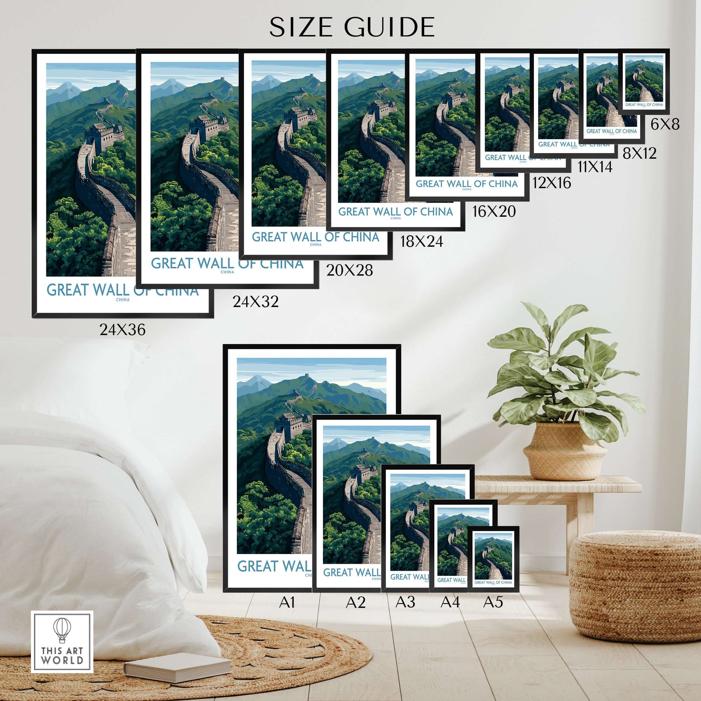 Great Wall of China Mountain Vista Poster - Iconic Chinese Landscape Art size guide showcasing various frame options.