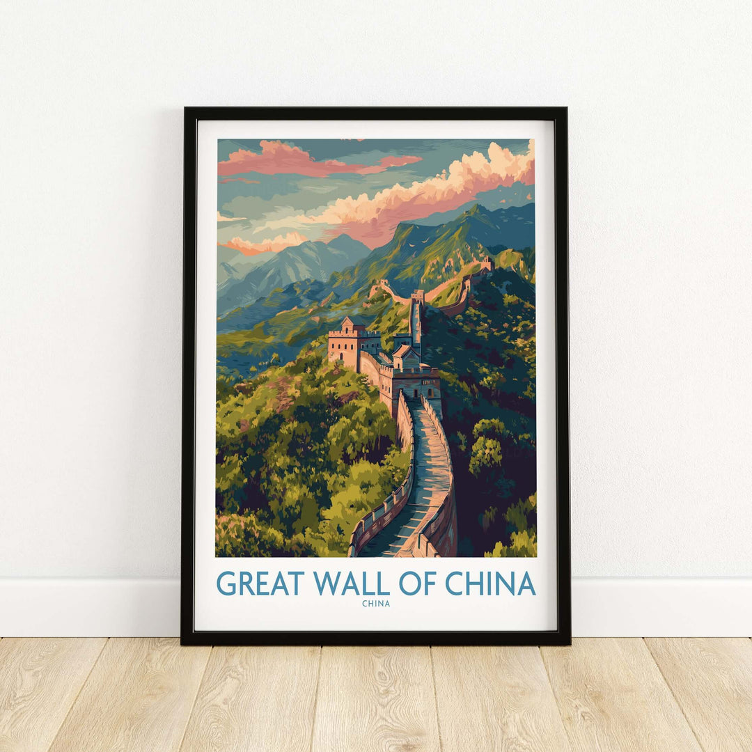 Great Wall of China panoramic travel poster print showcasing its majestic architecture and scenic mountain backdrop.