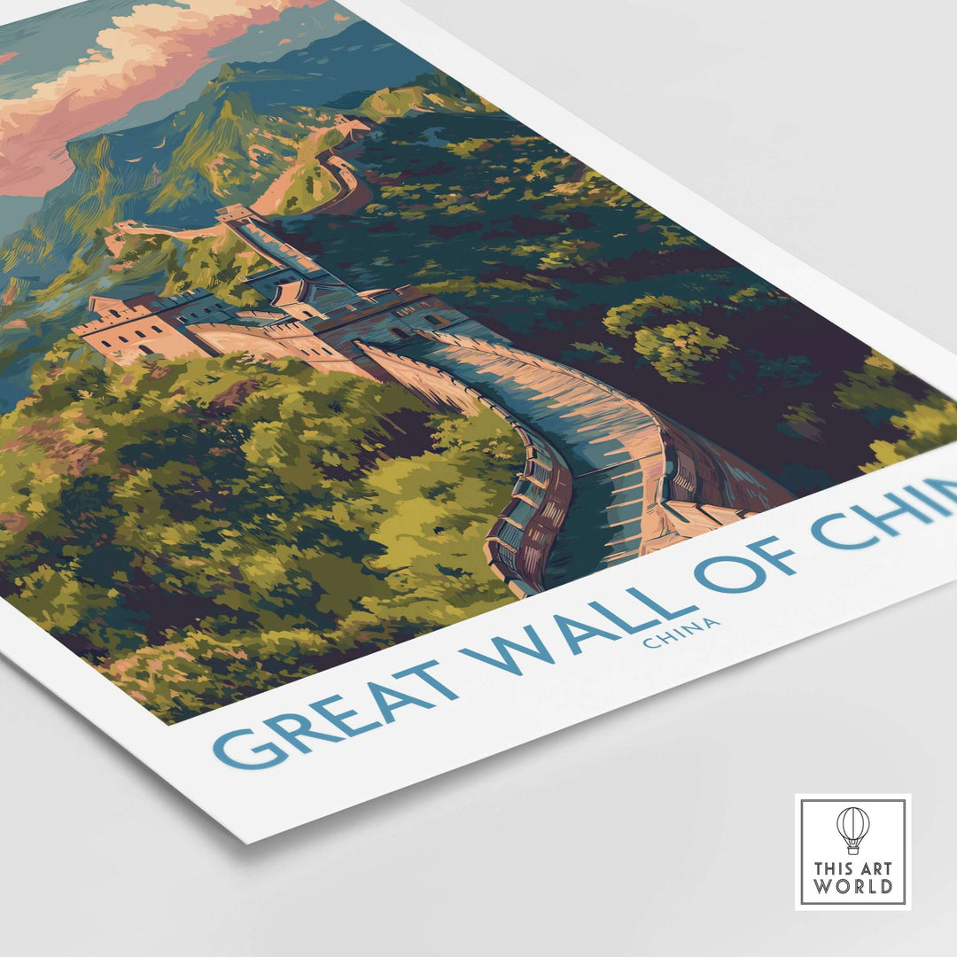 Panoramic travel poster print of the Great Wall of China, showcasing its majestic landscape and architectural beauty.