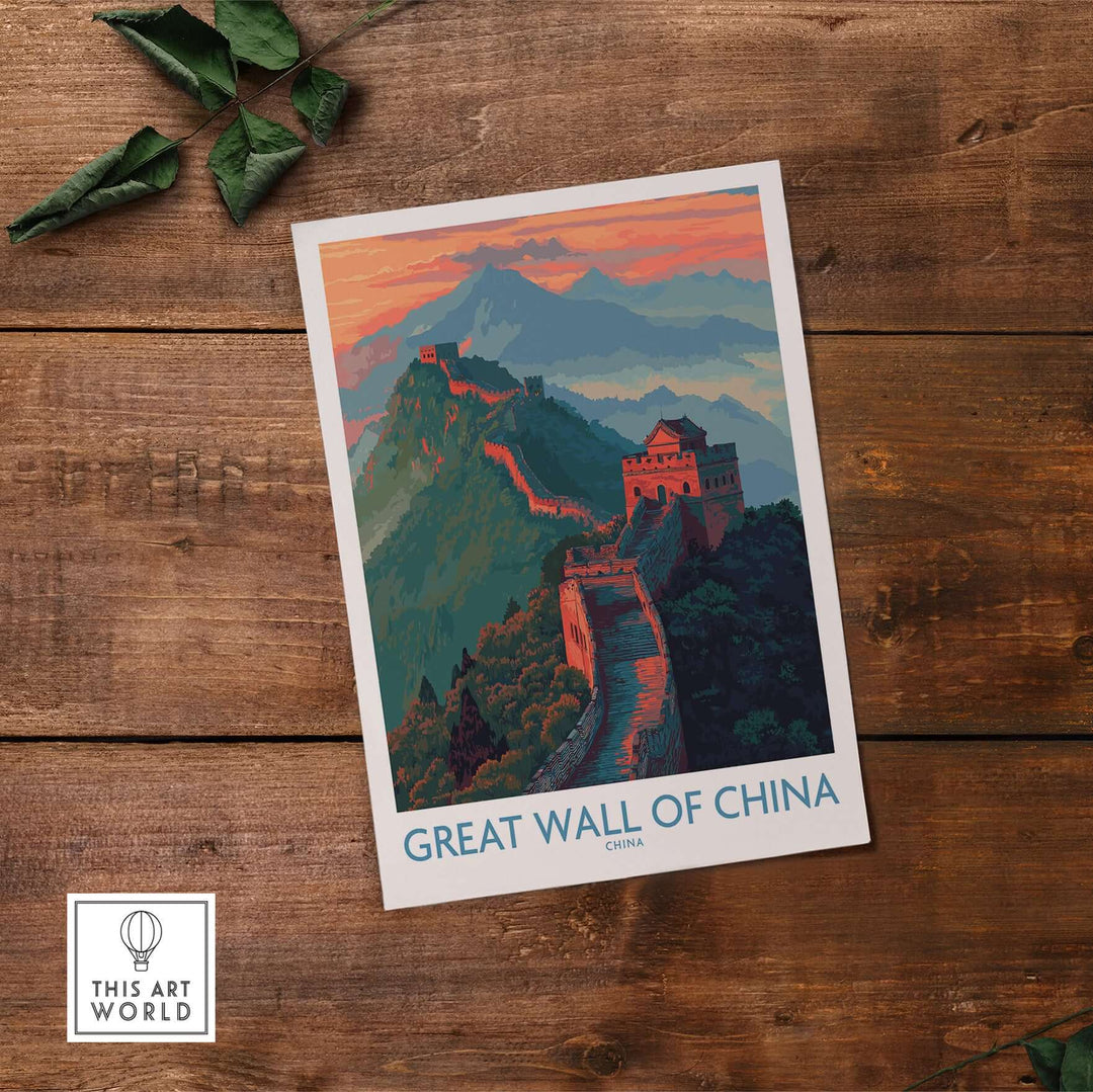 Great Wall of China panoramic wall art print showcasing lush mountains and sunset colors.