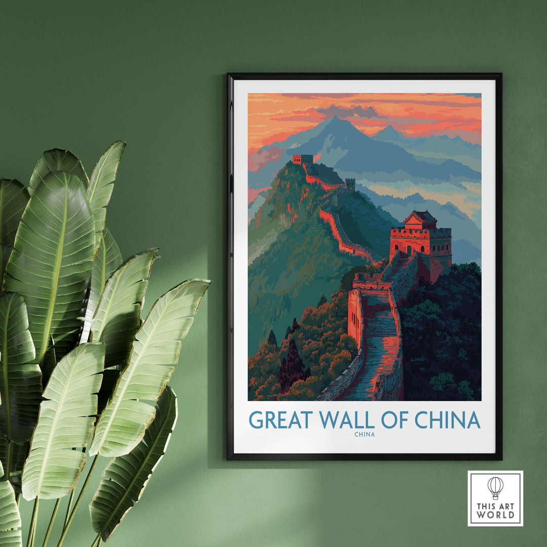 Panoramic wall art of the Great Wall of China against a scenic mountain backdrop in sunset hues.