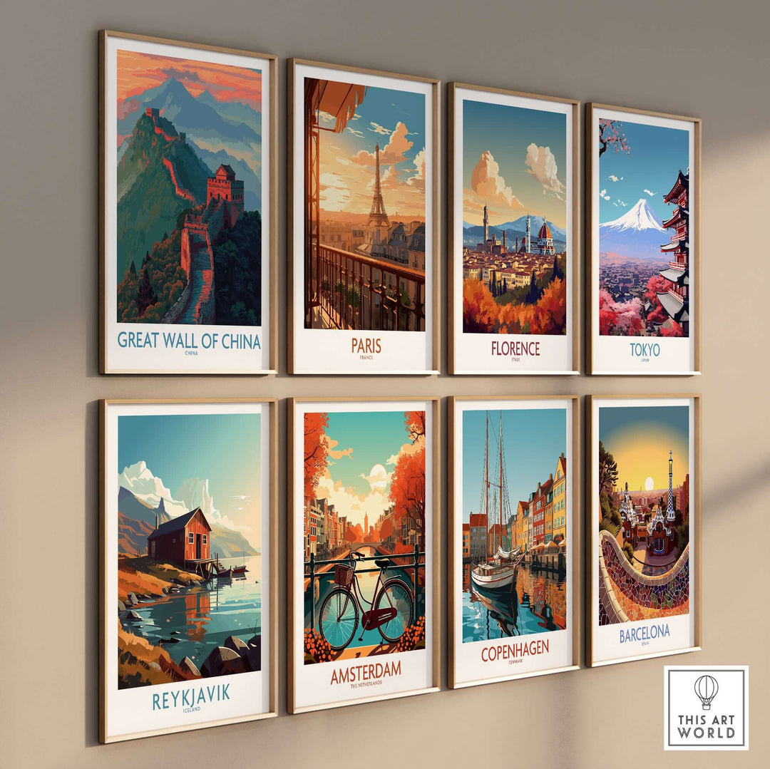 Collection of cityscape wall art featuring Great Wall of China, Paris, Florence, Tokyo, and more.