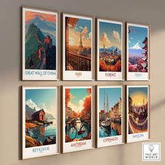 Great Wall of China Panorama Wall Art - Asian Landmark Decor Print displayed with other global city art prints.