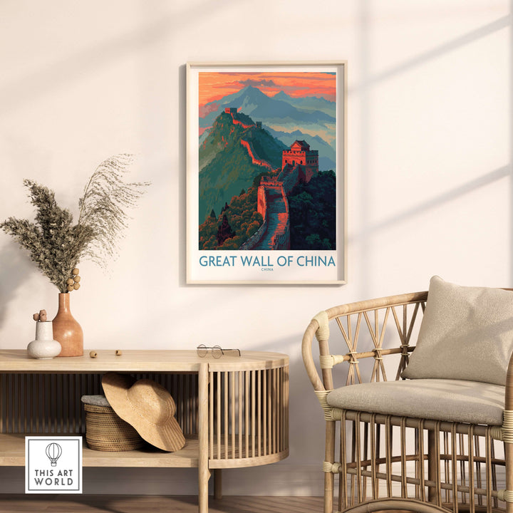 Great Wall of China panoramic wall art print, showcasing a vibrant landscape and historic architecture in a modern living space.