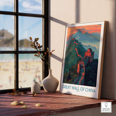 Great Wall of China Panorama Wall Art - Asian Landmark Decor Print displayed in a cozy room with scenic view.