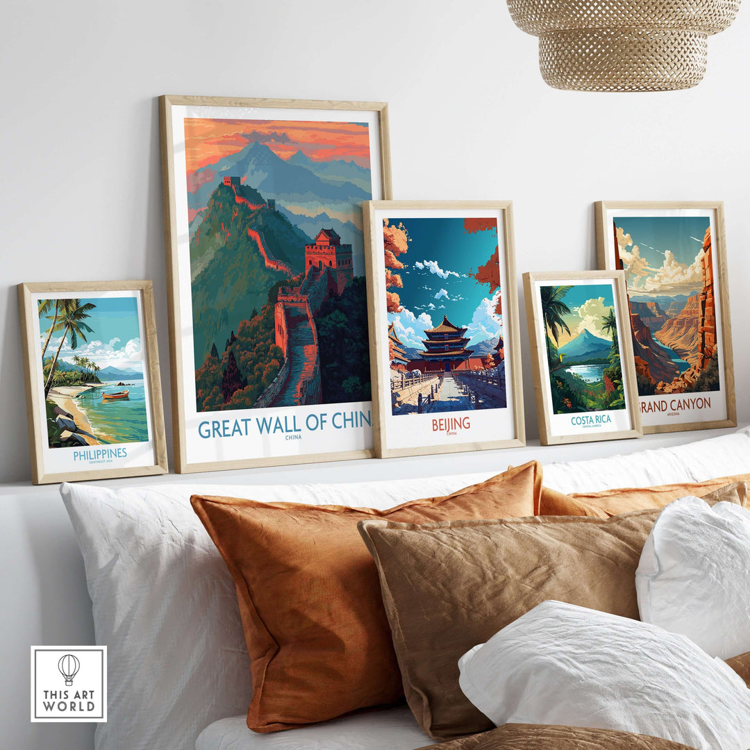 Panoramic wall art featuring Great Wall of China, Beijing, and other travel destination prints.