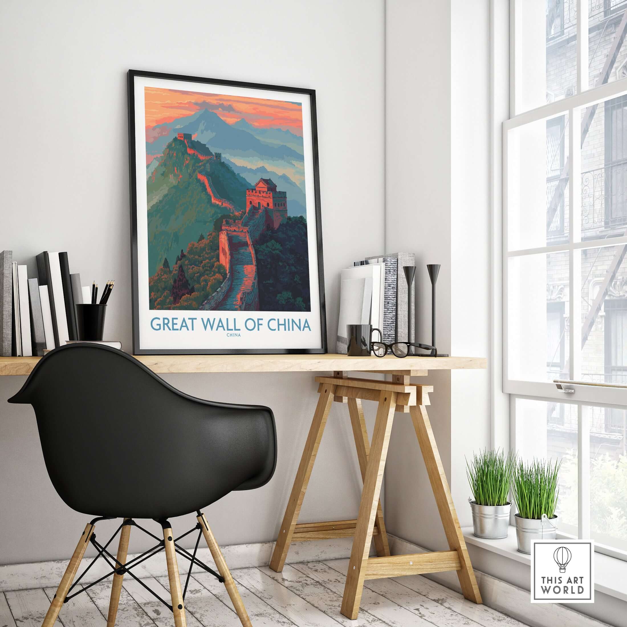 Great Wall of China Panorama Wall Art - Asian Landmark Decor Print displayed in a stylish office setting.