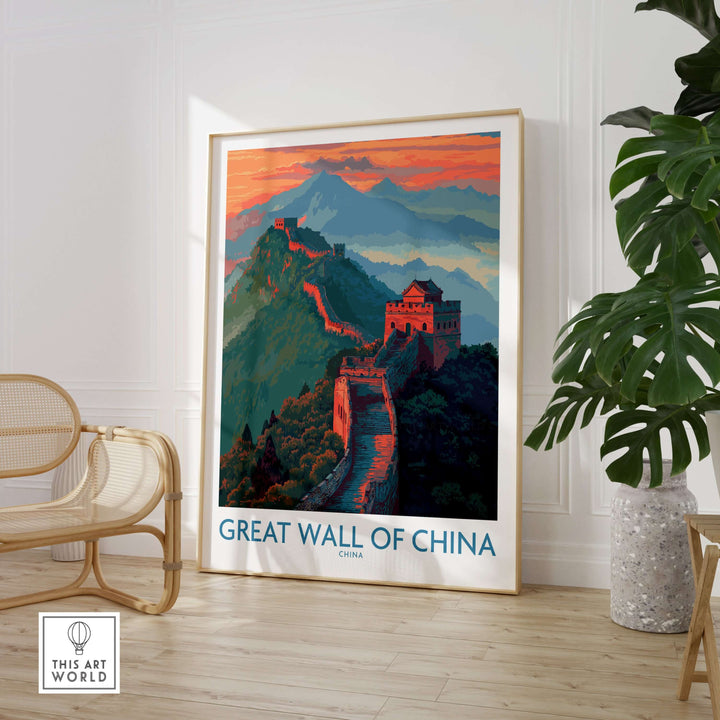 Great Wall of China panorama wall art framed in modern decor, featuring vibrant colors and mountain scenery.