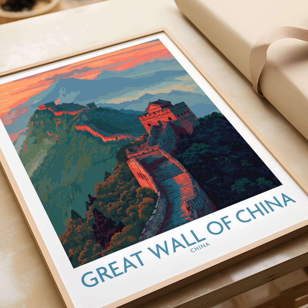 Panoramic wall art of the Great Wall of China showcasing architectural beauty and vibrant landscape.