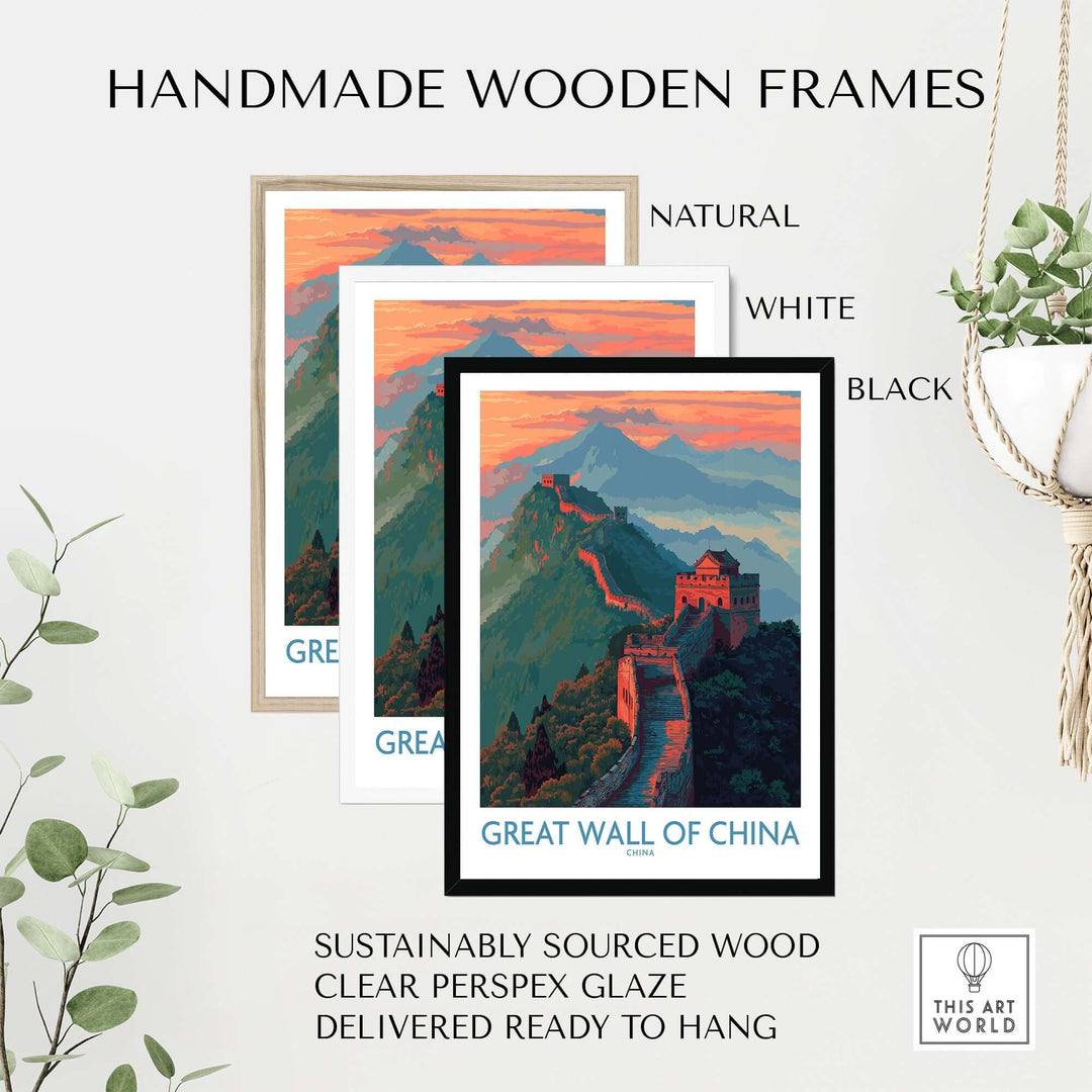 Handmade wooden frames in natural, white, and black for Great Wall of China wall art, sustainably sourced and ready to hang.
