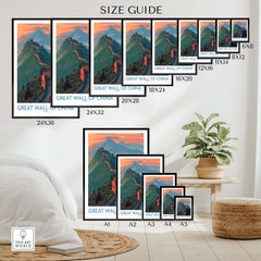 Great Wall of China Panorama Wall Art - Asian Landmark Decor Print size guide with dimensions on display.