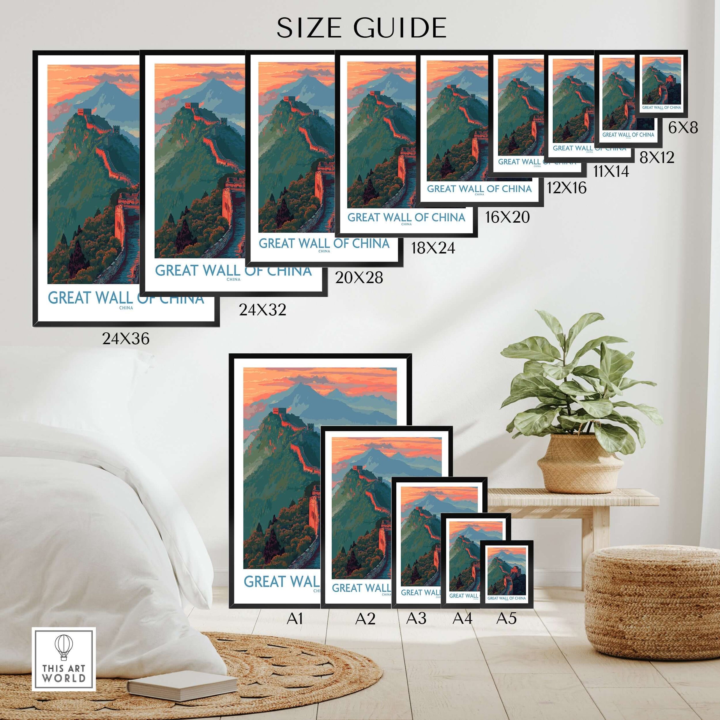 Great Wall of China Panorama Wall Art - Asian Landmark Decor Print size guide with dimensions on display.