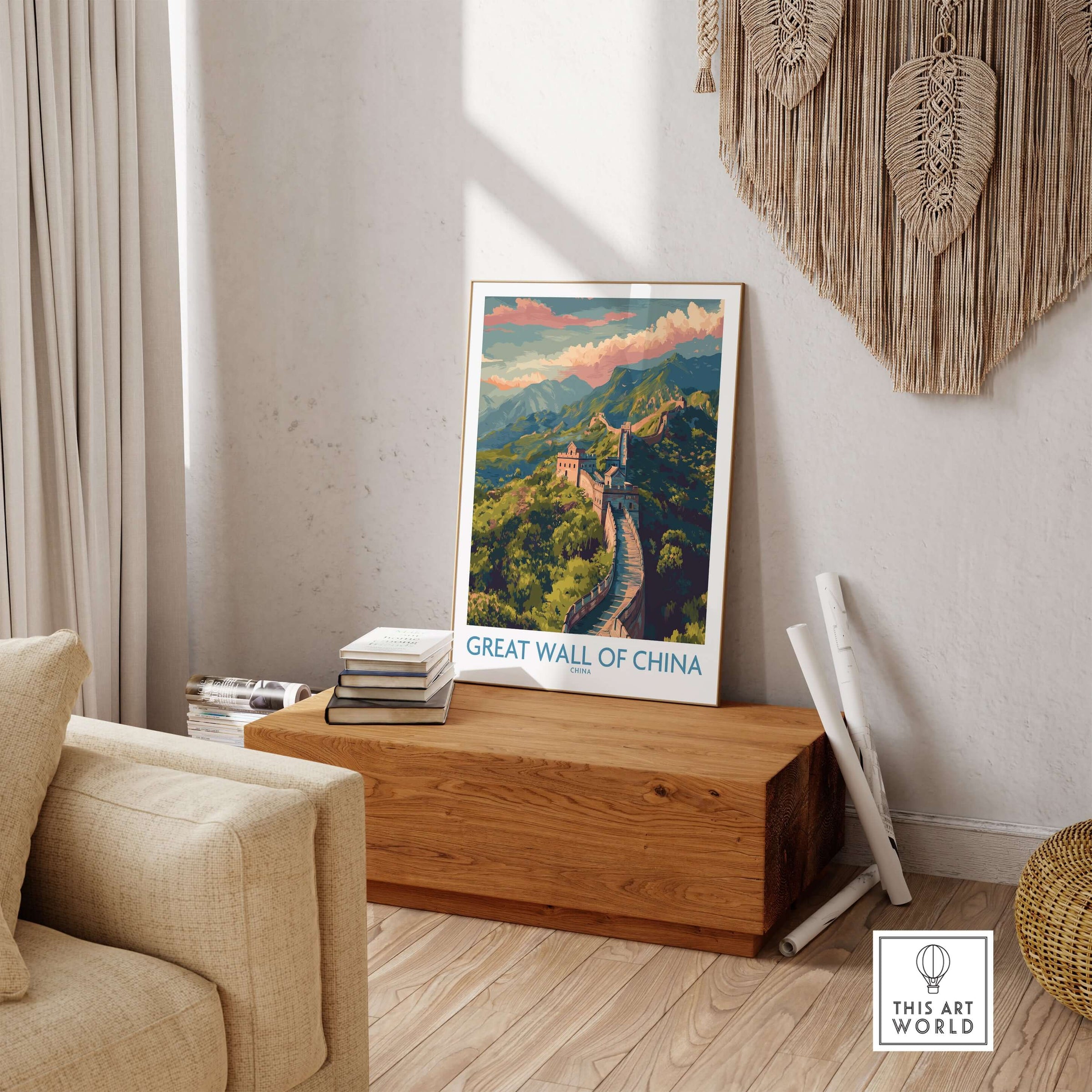 Great Wall of China Travel Poster Print displayed in a cozy interior setting on a wooden table.