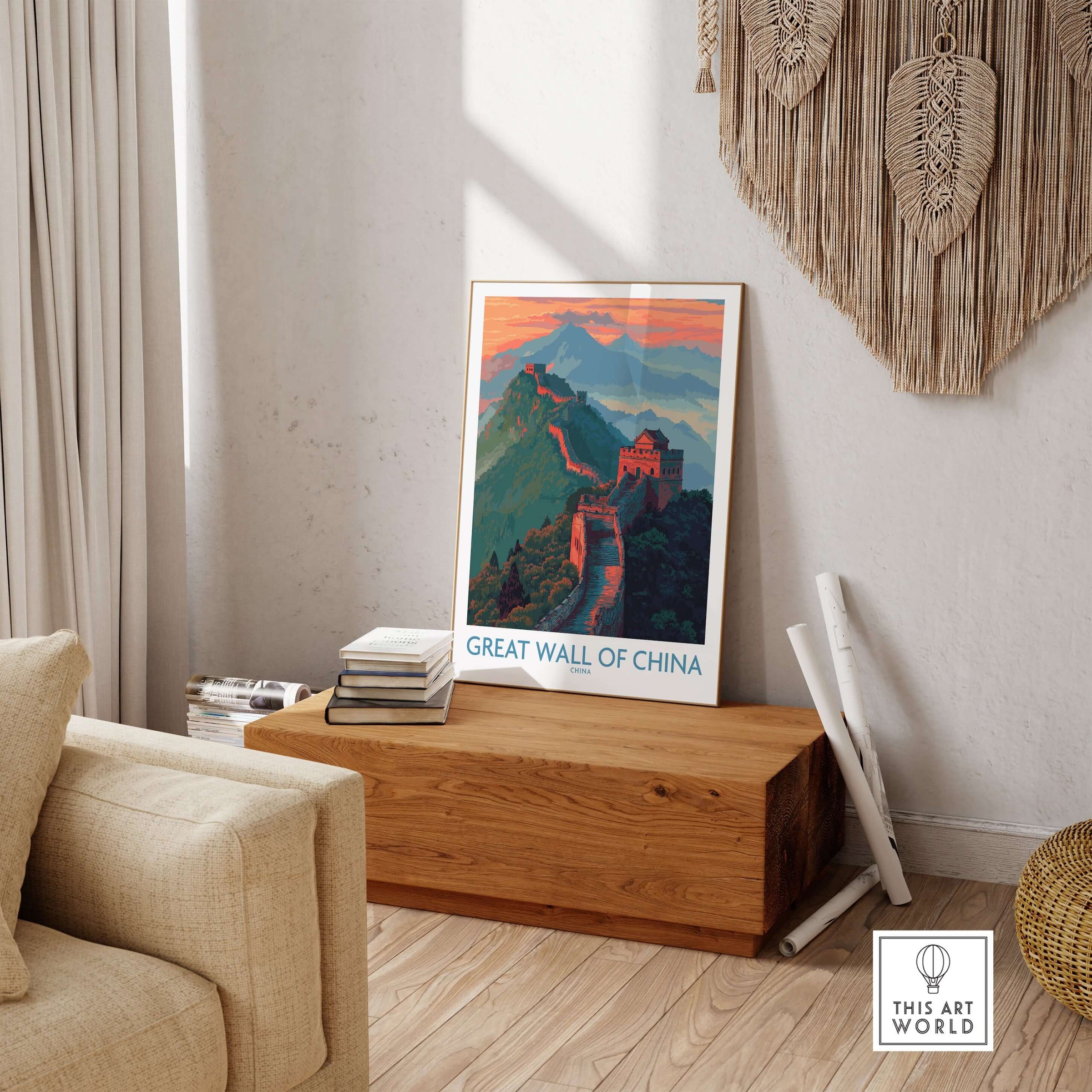 Great Wall of China Panorama Wall Art - Asian Landmark Decor Print displayed in a modern living room setting.