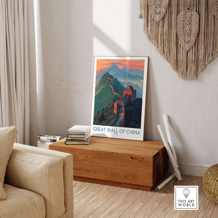 Great Wall of China panoramic wall art print displayed in a stylish living room setting.