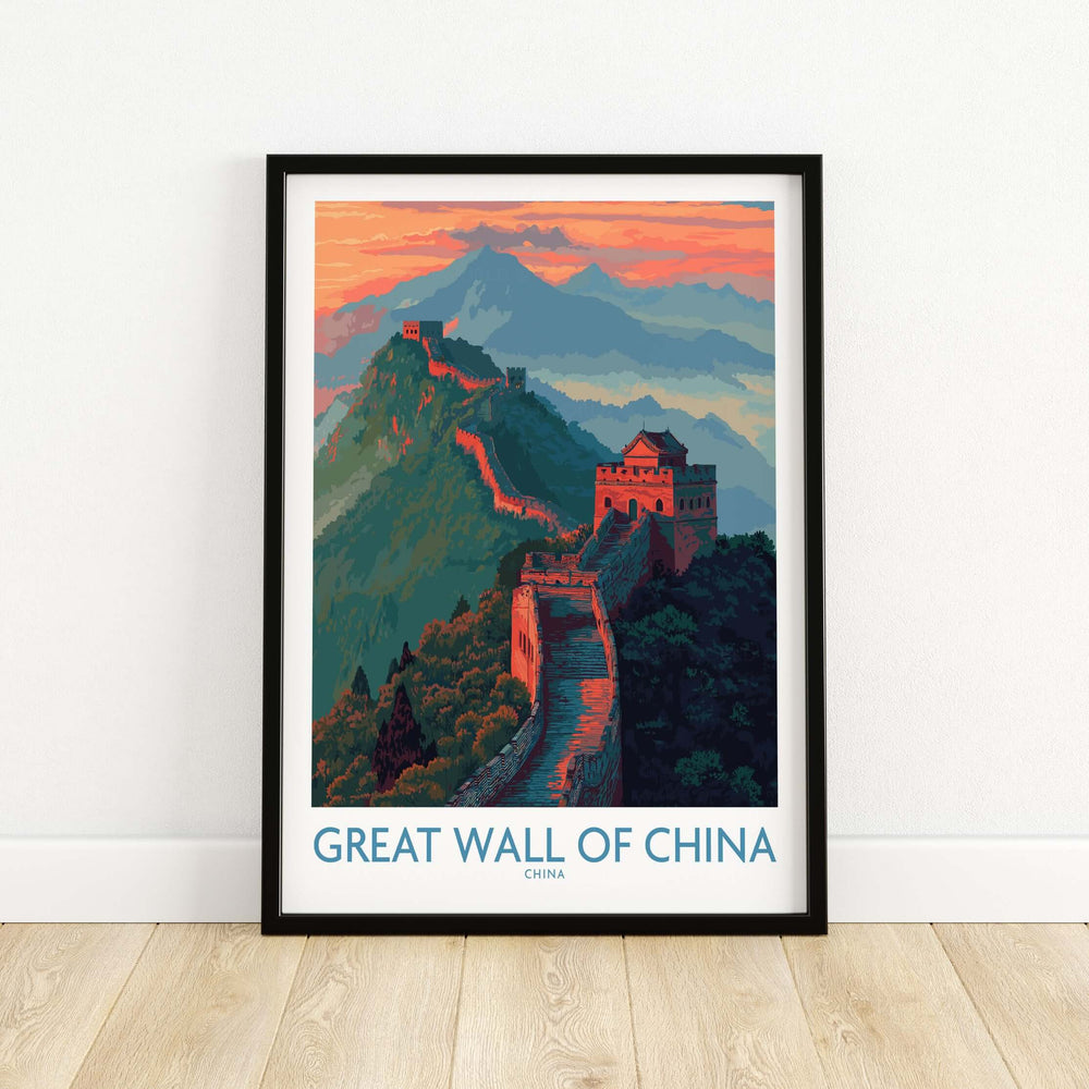 Panoramic print of the Great Wall of China, showcasing vibrant colors and remarkable landscapes.
