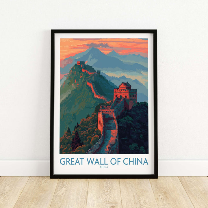 Panoramic print of the Great Wall of China, showcasing vibrant colors and remarkable landscapes.